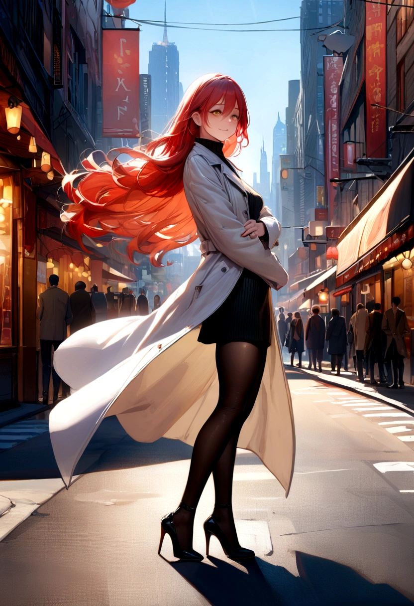 (masterpiece, photorealistic,best quality,beautiful detailed eyes,intricate details,from side,skindentation,pov),solo,1girl,,long hair,mature,(red and gold eyes,raised eyebrows,sad smile,),full body,standing,hair between eyes,red hair, grandes peitos, (blue sky ,light atmosphere),(small breasts,white trench coat,turtleneck sweater,pantyhose,high heel),walking street,arms folded,lamo,new york