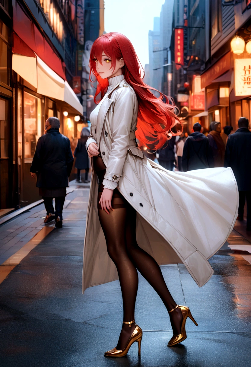 (masterpiece, photorealistic,best quality,beautiful detailed eyes,intricate details,from side,skindentation,pov),solo,1girl,,long hair,mature,(red and gold eyes,raised eyebrows,sad smile,),full body,standing,hair between eyes,red hair, grandes peitos, (blue sky ,light atmosphere),(small breasts,white trench coat,turtleneck sweater,pantyhose,high heel),walking street,arms folded,lamo,new york