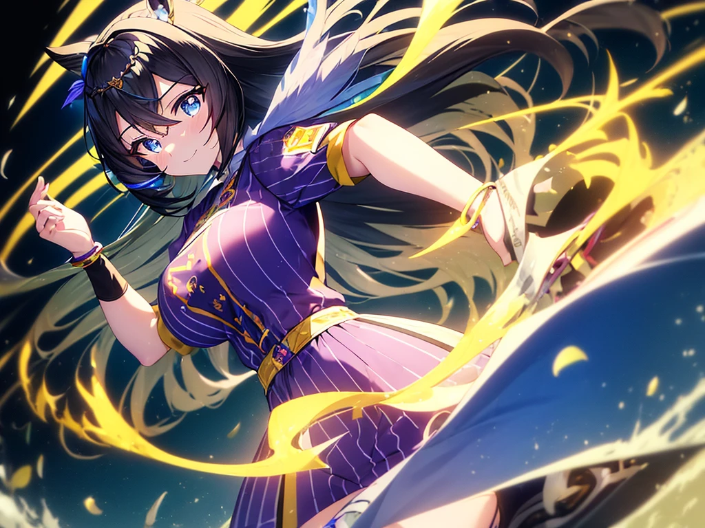 best quality, extremely detailed, anime style adult 1girl, long hair down to the waist, straight hair, ((dark black hair with bluish)),crown braid,beautiful detailed eyes, pinched eyes, dark blue eyes, huge breasts,curvy,((((human ear)))),(((princess motif jockey's racing uniform))),longskirt,((feather and colorful accessory)),((foppery shoes)),((((light smile)))),((((grassland)))),dash,animation cap,animated gif,((in umamusume style))