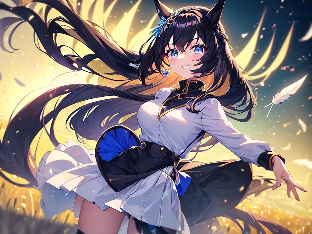 best quality, extremely detailed, anime style adult 1girl, long hair down to the waist, straight hair, ((dark black hair with bluish)),crown braid,beautiful detailed eyes, pinched eyes, dark blue eyes, huge breasts,curvy,((((human ear)))),(((princess motif jockey's racing uniform))),longskirt,((feather and colorful accessory)),((foppery shoes)),((((light smile)))),((((grassland)))),dash,animation cap,animated gif,((in umamusume style))