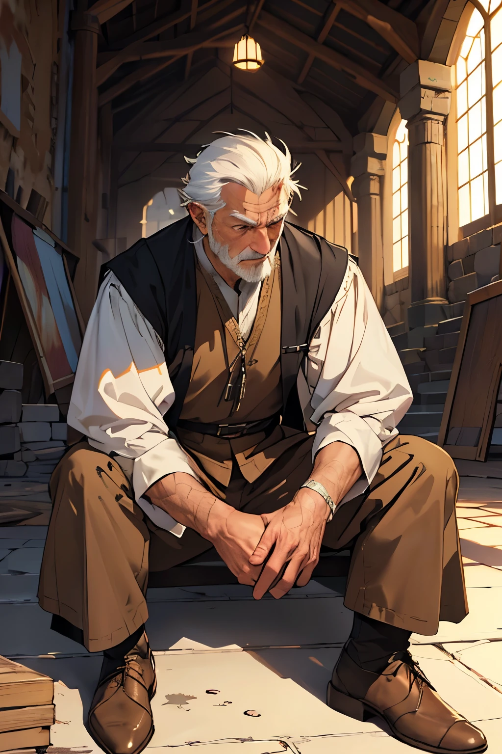 ((best qualityer)), ((work of art)), (detailded), 1 OLD MAN, magician, few scars, medieval world, facing the front, sitting on the floor, pondering