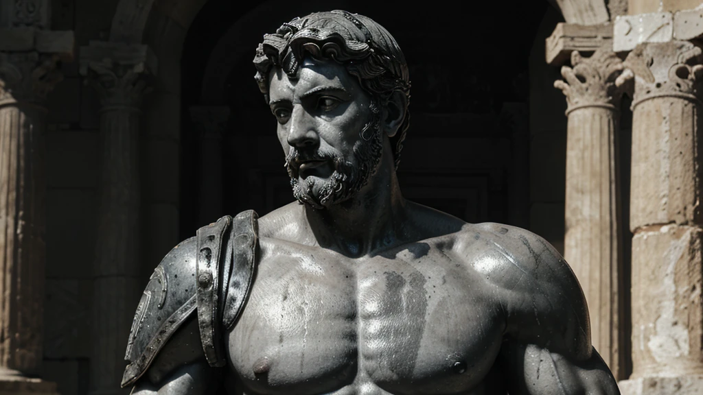a portrait statue of the stoic Marcus Aurelius in black and white 4K, Super realistic ANCIENT GREEK RUINS, fully body, corpo stark, brawny, stark, wearing no shirt, tronco stark, stark, wearing no shirt, strong arms, 8K, ultra realisitic, cinematographic