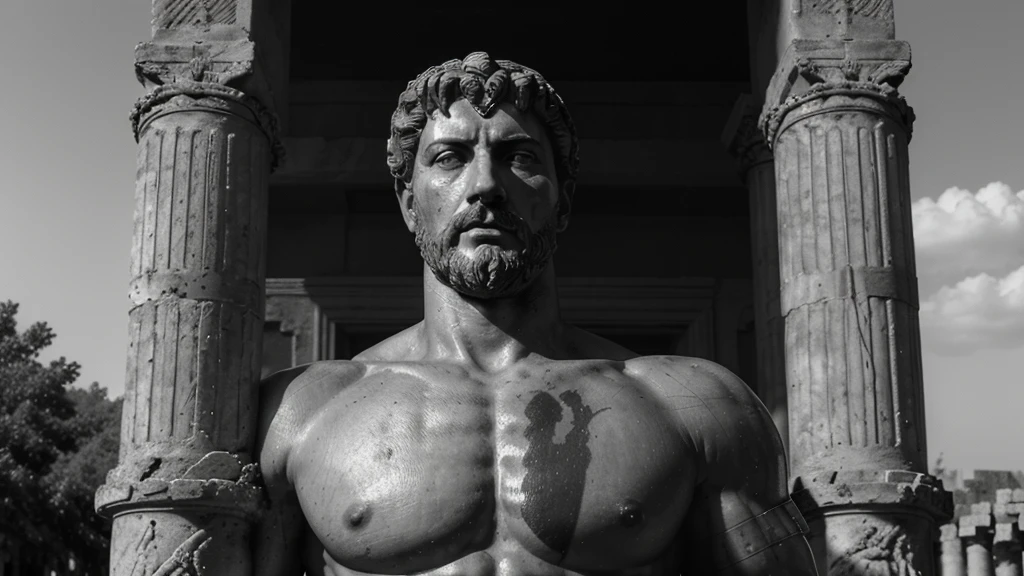 a portrait statue of the stoic Marcus Aurelius in black and white 4K, Super realistic ANCIENT GREEK RUINS, fully body, corpo stark, brawny, stark, wearing no shirt, tronco stark, stark, wearing no shirt, strong arms, 8K, ultra realisitic, cinematographic