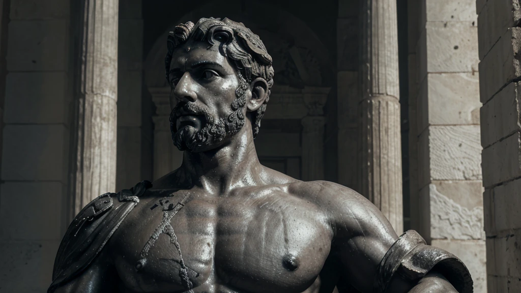 a portrait statue of the stoic Marcus Aurelius in black and white 4K, Super realistic ANCIENT GREEK RUINS, fully body, corpo stark, brawny, stark, wearing no shirt, tronco stark, stark, wearing no shirt, strong arms, 8K, ultra realisitic, cinematographic
