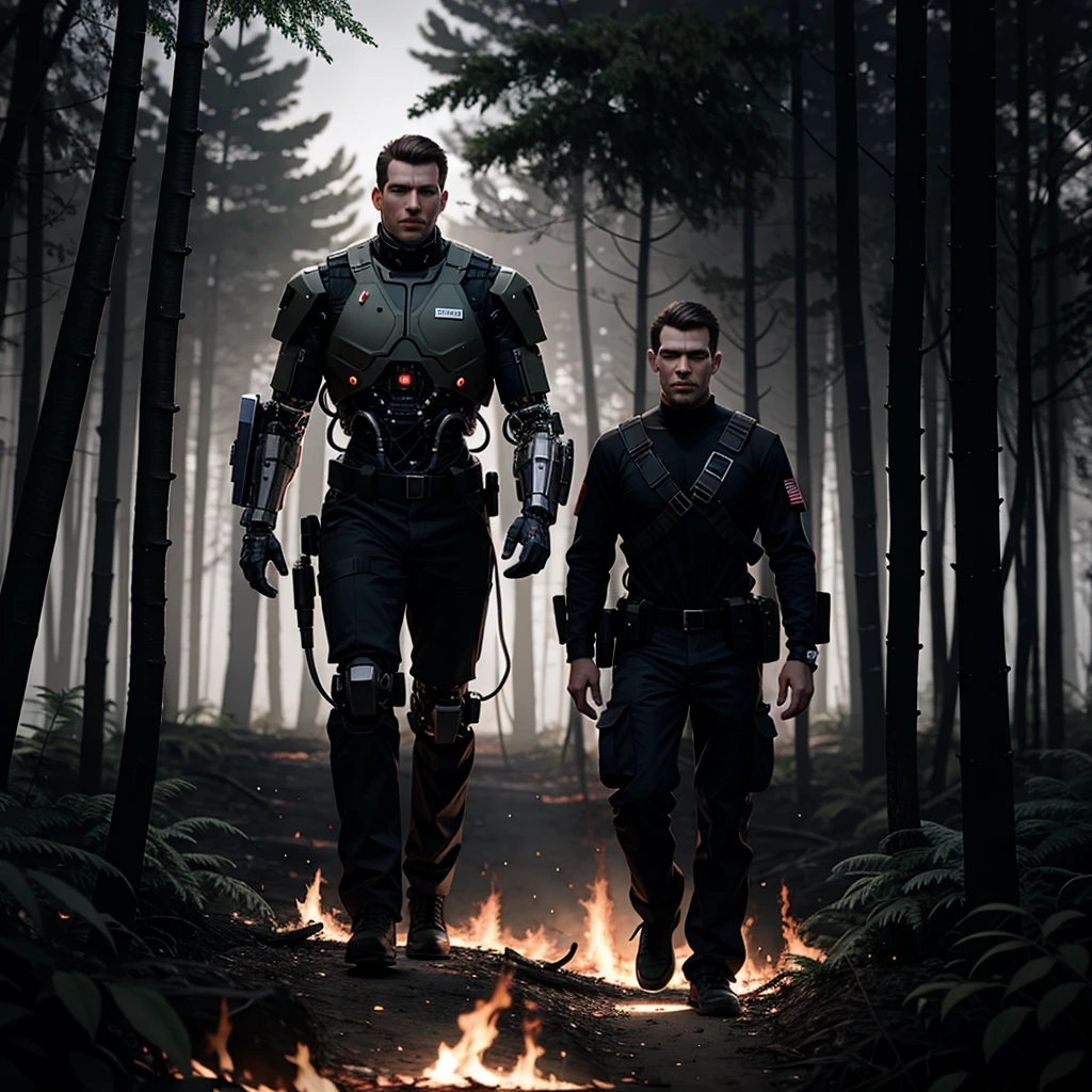 Image of a cyborg man with a very muscular body, showing cybernetic-style muscular arms, italian man face, wearing only American army pants, looking at the camera walking forward, in a thicket in the forest of Vietnam, several burning trees, several shadows of little burning people, ultra resolution, 8K, super realism.