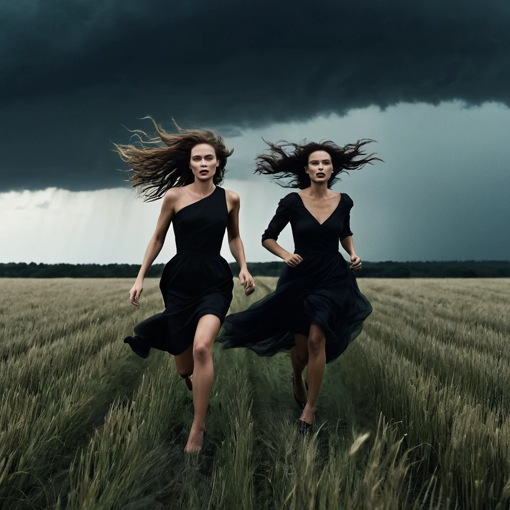 two beautiful women with long hair, alone in a dark dress, another in a light dress, running across a field against the backdrop of a black stormy sky, a strong wind blows their hair, they are scared, fashion photography, portrait, in the style of Peter Lindbergh, masterpiece