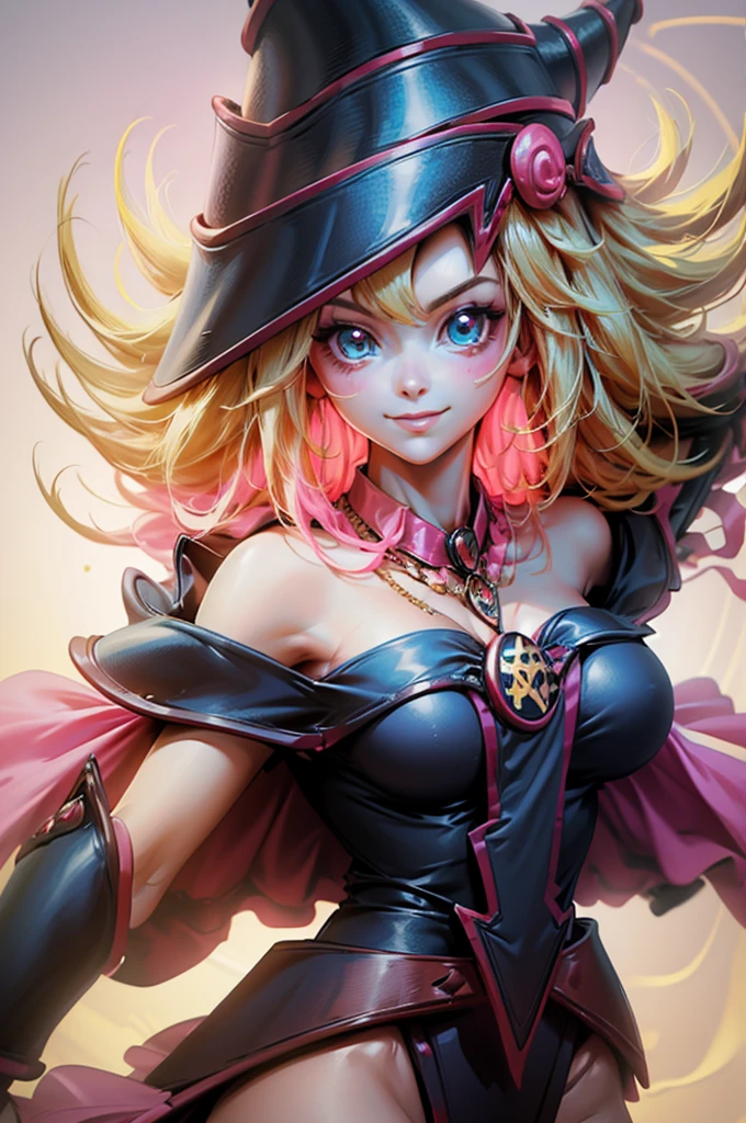 Create the beautiful face of dark magician gils. blue eyes. pink lips. white tea. blond hair. girl smile. Uncovered shoulders. Necklace on the neck. dark wizard gils face . in a bikini that shows from head to toe big breasts and big hips small waist
