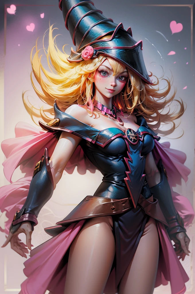 Create the beautiful face of dark magician gils. blue eyes. pink lips. white tea. blond hair. girl smile. Uncovered shoulders. Necklace on the neck. dark wizard gils face . in a bikini that shows from head to toe big breasts and big hips small waist