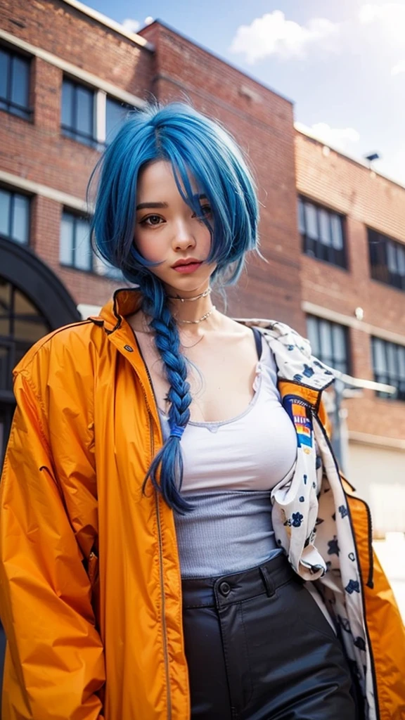 Cute girl with blue hair and orange jacket standing in front of a building, realistic