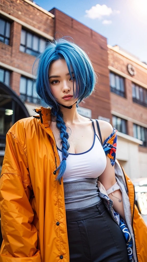 Cute girl with blue hair and orange jacket standing in front of a building, realistic