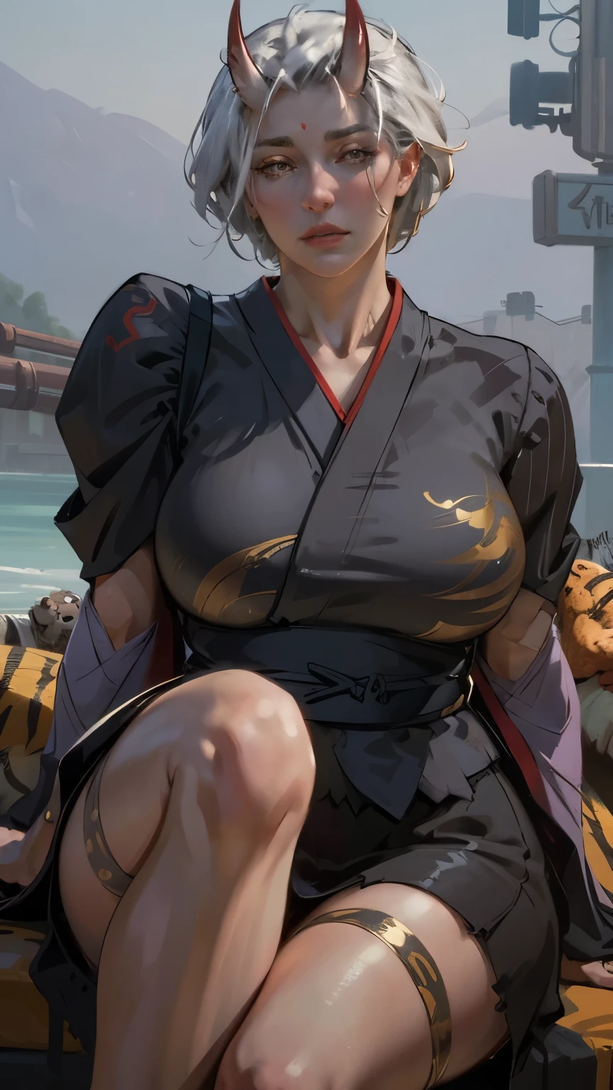 (beautiful) Asian (((Oni female))) warrior, sitting with legs spread, wearing (Tiger print short kimono), with ((thick curvy mature body)) yet ((muscular)), big size body, long and voluminous white hair blown by the wind, (2 long anime_Oni_horns ), reddish fair skin , (perfect detailed face features) expressive eyes with proud look , thick lips
