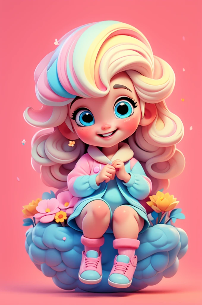 cute baby chibi girl blonde hair, flower in head, white and pink background, smiling happy, blue eyes, big eleyelash, rosy cheeks, blue shoes
