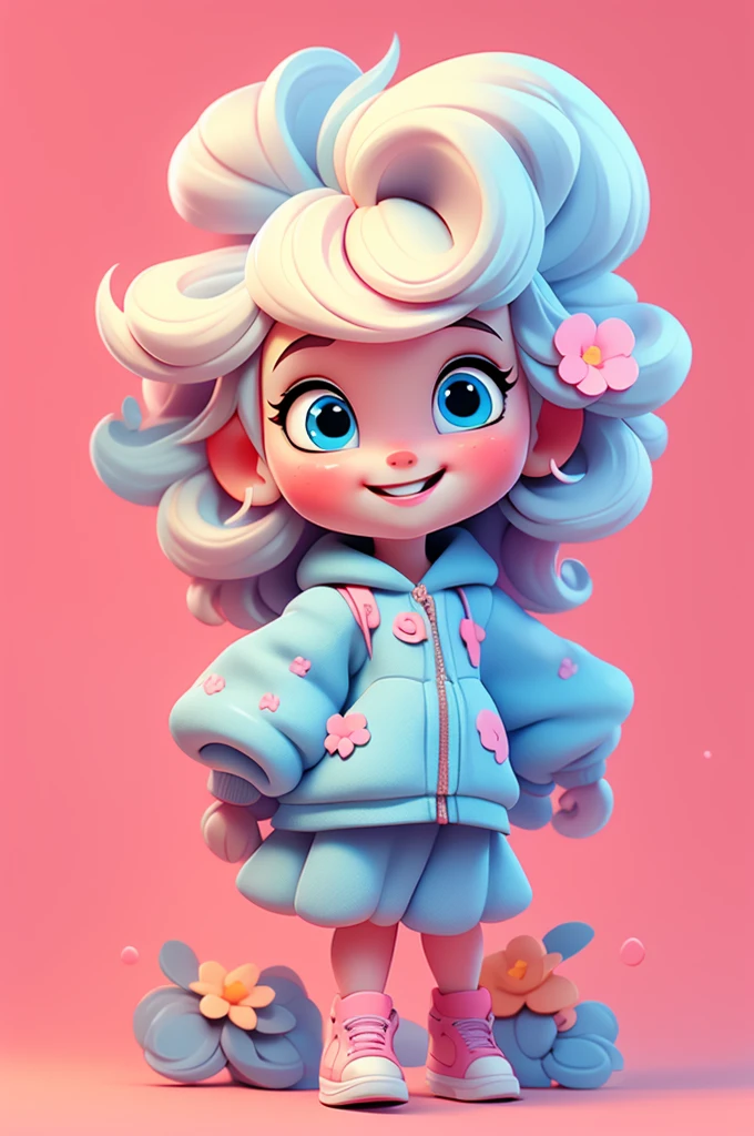 cute baby chibi girl blonde hair, flower in head, white and pink background, smiling happy, blue eyes, big eleyelash, rosy cheeks, blue shoes
