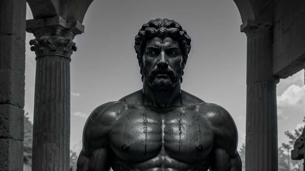 a portrait statue of the stoic Marcus Aurelius in black and white 4K, Super realistic ANCIENT GREEK RUINS, fully body, corpo stark, brawny, stark, wearing no shirt, tronco stark, stark, wearing no shirt, strong arms, 8K, ultra realisitic, cinematographic