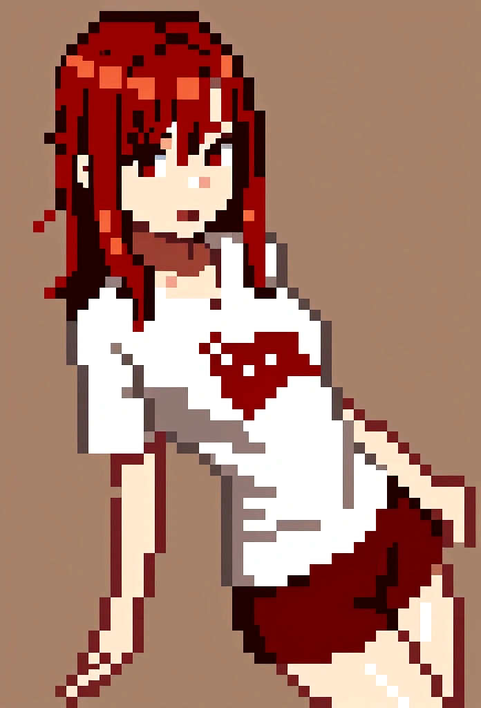 1 girl , breast ,with red hair and wearing a shirt that reaches the thigh