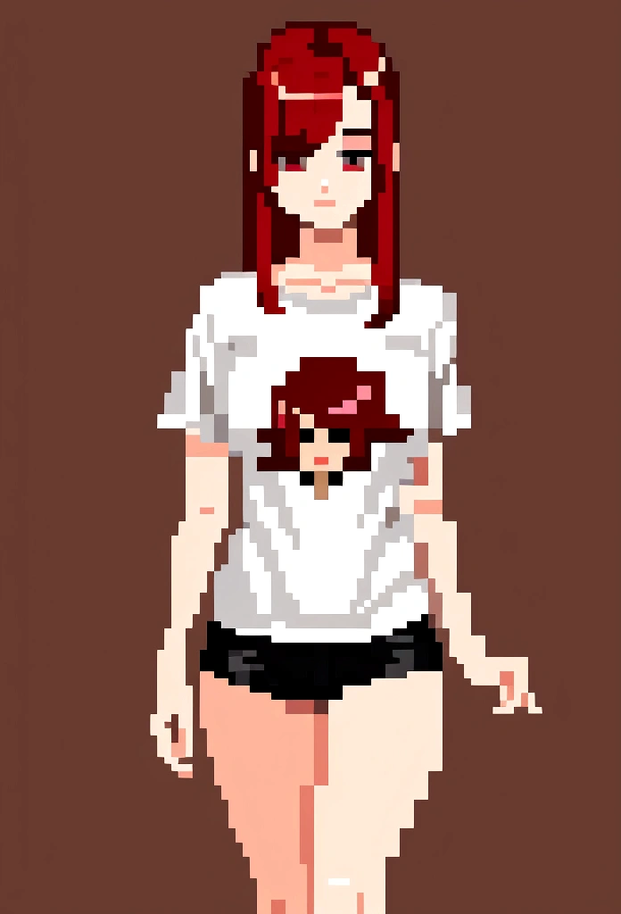 1 girl , breast ,with red hair and wearing a shirt that reaches the thigh