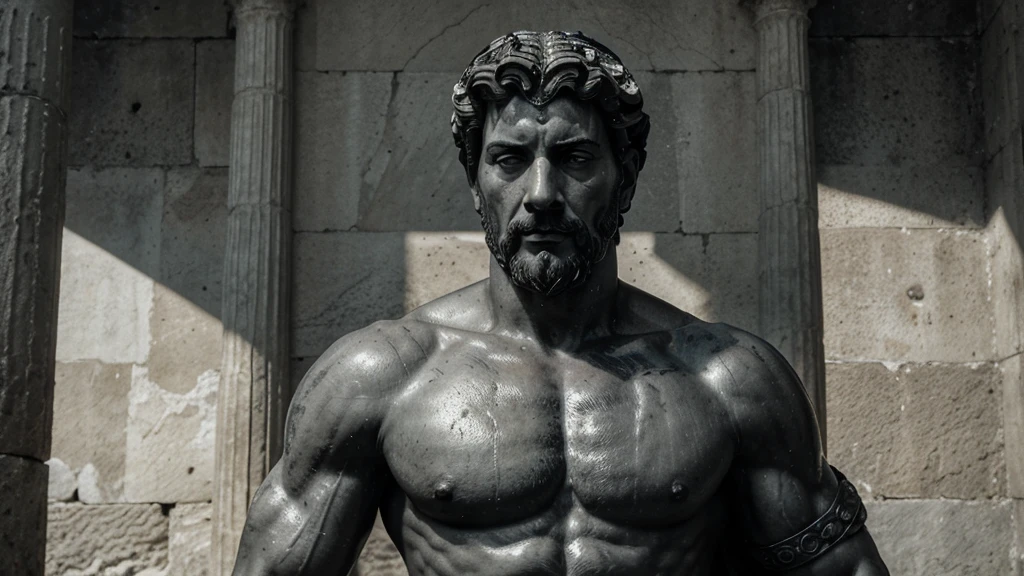 a portrait statue of the stoic Marcus Aurelius in black and white 4K, Super realistic ANCIENT GREEK RUINS, fully body, corpo stark, brawny, stark, wearing no shirt, tronco stark, stark, wearing no shirt, strong arms, 8K, ultra realisitic, cinematographic