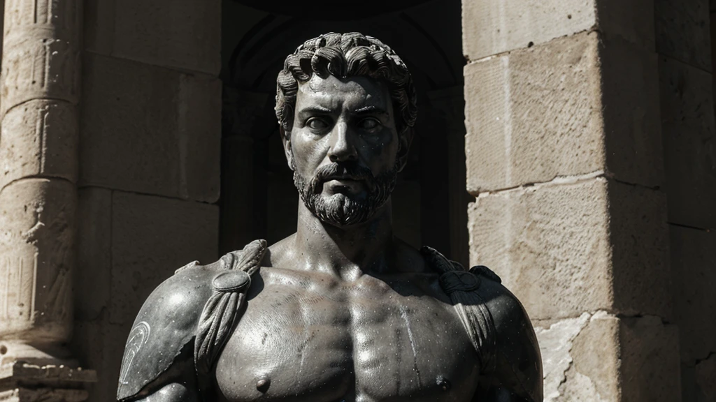 a portrait statue of the stoic Marcus Aurelius in black and white 4K, Super realistic ANCIENT GREEK RUINS, fully body, corpo stark, brawny, stark, wearing no shirt, tronco stark, stark, wearing no shirt, strong arms, 8K, ultra realisitic, cinematographic
