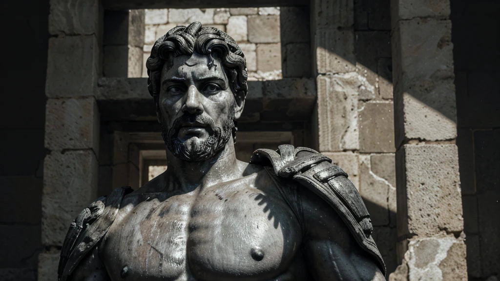 a portrait statue of the stoic Marcus Aurelius in black and white 4K, Super realistic ANCIENT GREEK RUINS, fully body, corpo stark, brawny, stark, wearing no shirt, tronco stark, stark, wearing no shirt, strong arms, 8K, ultra realisitic, cinematographic