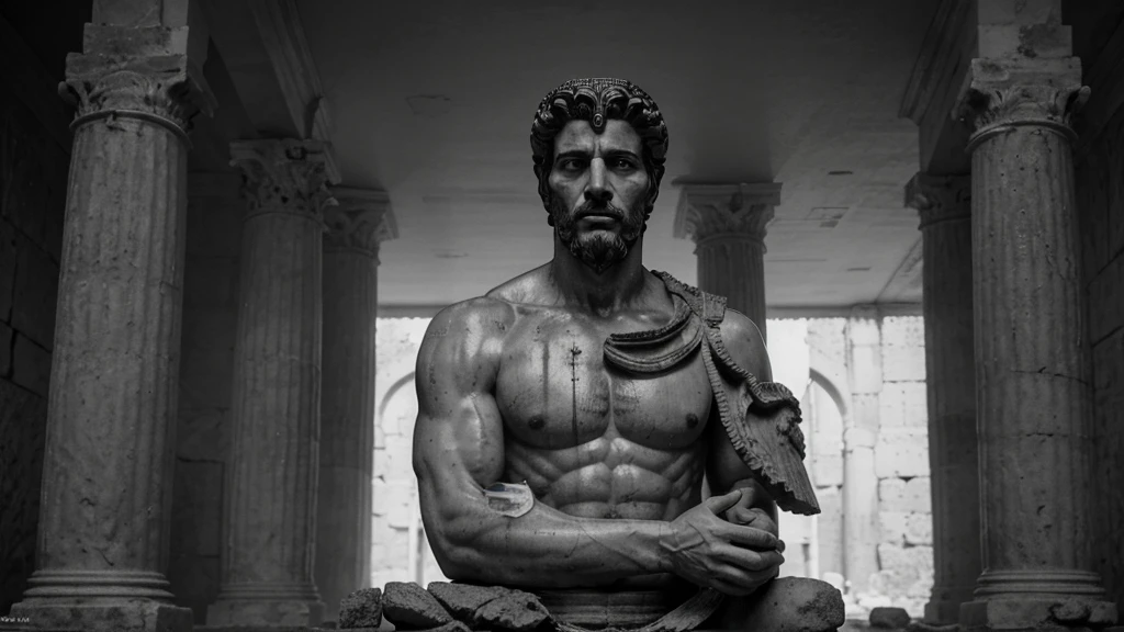 a portrait statue of the stoic Marcus Aurelius in black and white 4K, Super realistic ANCIENT GREEK RUINS, fully body, corpo stark, brawny, stark, wearing no shirt, tronco stark, stark, wearing no shirt, strong arms, 8K, ultra realisitic, cinematographic