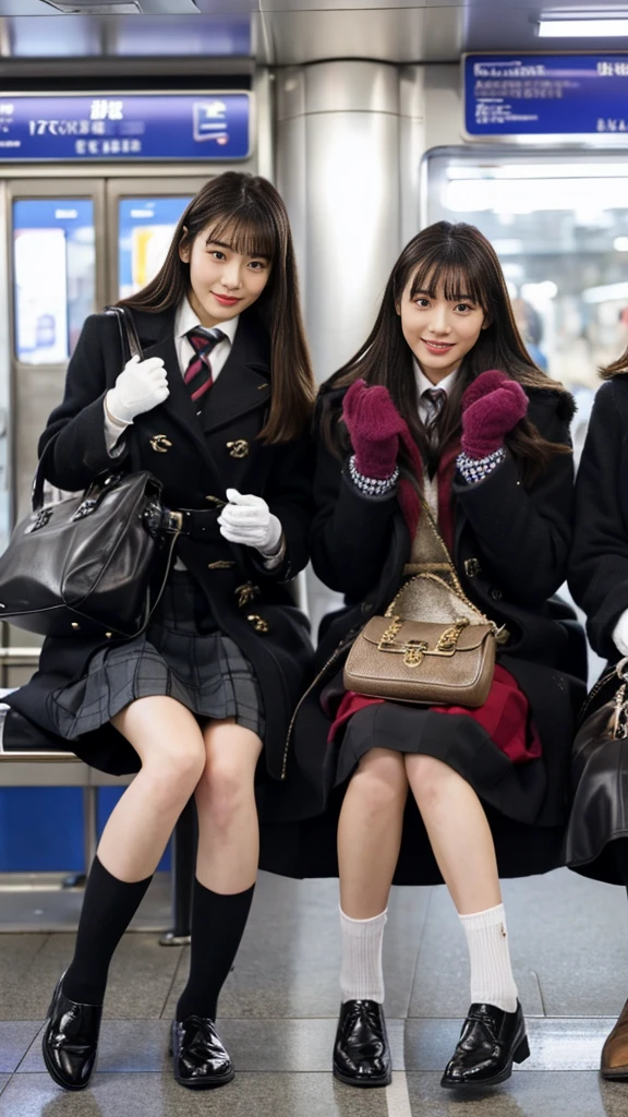 A photo of two mature Japanese high school girls wearing duffle coats with leather shoes and shiny black leather gloves,Heavy makeup face,Ultra-detailed face, eye make up,Profile of a woman with her legs crossed at the entrance to the subway. Ultra Mini Skirt,LOL,School Bags,This photo was taken in daylight with soft lighting..、The girls are sitting on the ground.。. This photo was taken by someone on their cell phone..、Apparently it was posted on Snapchat.。. 