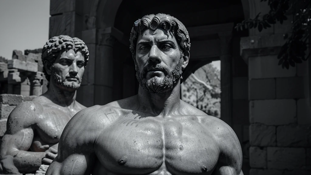 a portrait statue of the stoic Marcus Aurelius in black and white 4K, Super realistic ANCIENT GREEK RUINS, fully body, corpo stark, brawny, stark, wearing no shirt, tronco stark, stark, wearing no shirt, strong arms, 8K, ultra realisitic, cinematographic