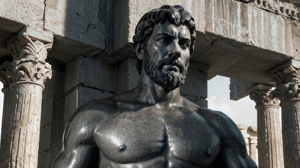 a portrait statue of the stoic Marcus Aurelius in black and white 4K, Super realistic ANCIENT GREEK RUINS, fully body, corpo stark, brawny, stark, wearing no shirt, tronco stark, stark, wearing no shirt, strong arms, 8K, ultra realisitic, cinematographic