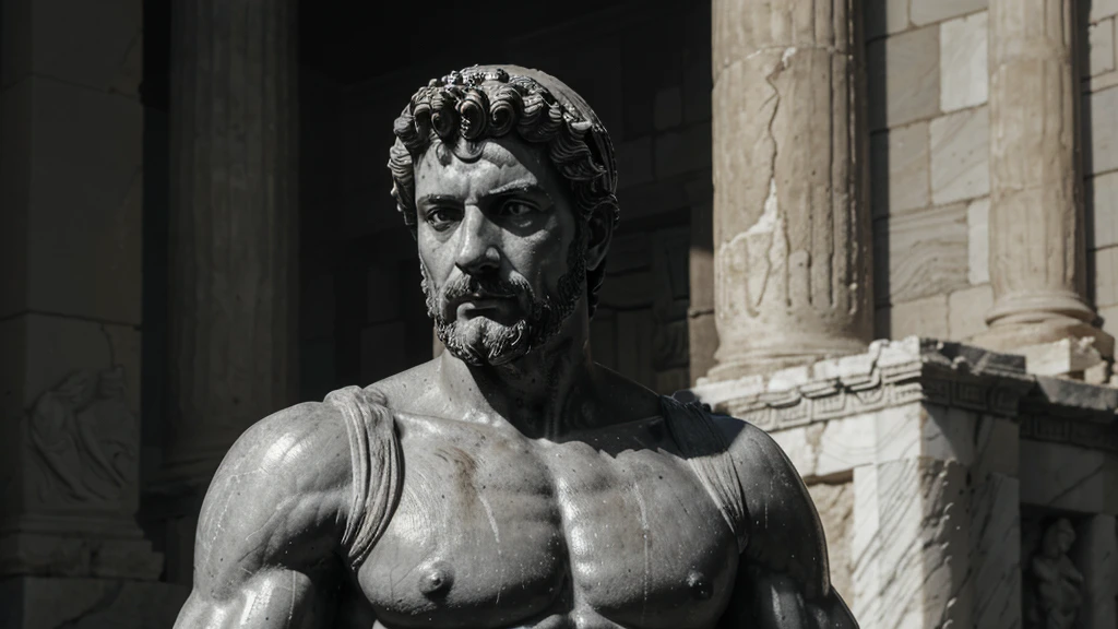 a portrait statue of the stoic Marcus Aurelius in black and white 4K, Super realistic ANCIENT GREEK RUINS, fully body, corpo stark, brawny, stark, wearing no shirt, tronco stark, stark, wearing no shirt, strong arms, 8K, ultra realisitic, cinematographic