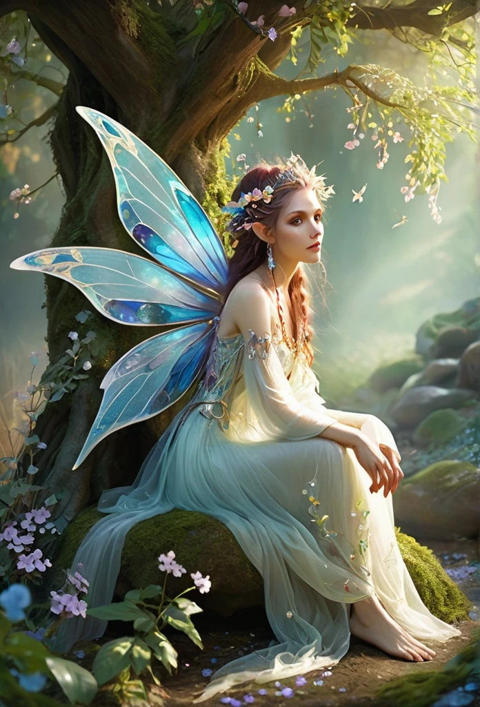 faerie,(fully body),elf ears,dragonfly wings, sensually sitting under a tree(( decorated with precious stones)),hair decorated with flowers, Branches and Leaves,around a scene of magic,with flowers,a bit of mist(high qualiy),(refined details),(work of art)