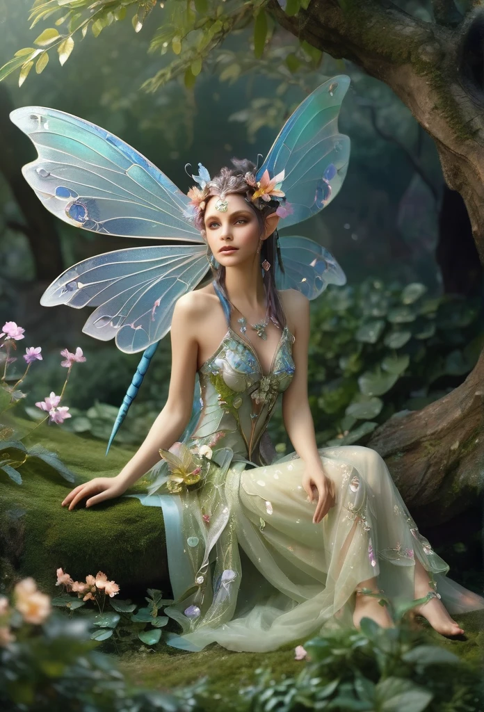 faerie,(fully body),elf ears,dragonfly wings, sensually sitting under a tree(( decorated with precious stones)),hair decorated with flowers, Branches and Leaves,around a scene of magic,with flowers,a bit of mist(high qualiy),(refined details),(work of art)