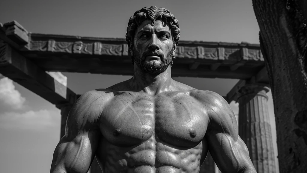 a portrait statue of the stoic Marcus Aurelius in black and white 4K, Super realistic ANCIENT GREEK RUINS, fully body, corpo stark, brawny, stark, wearing no shirt, tronco stark, stark, wearing no shirt, strong arms, 8K, ultra realisitic, cinematographic