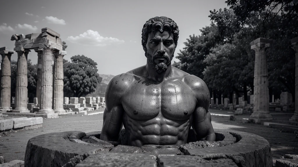 a portrait statue of the stoic Marcus Aurelius in black and white 4K, Super realistic ANCIENT GREEK RUINS, fully body, corpo stark, brawny, stark, wearing no shirt, tronco stark, stark, wearing no shirt, strong arms, 8K, ultra realisitic, cinematographic