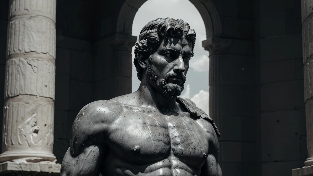 a portrait statue of the stoic Marcus Aurelius in black and white 4K, Super realistic ANCIENT GREEK RUINS, fully body, corpo stark, brawny, stark, wearing no shirt, tronco stark, stark, wearing no shirt, strong arms, 8K, ultra realisitic, cinematographic