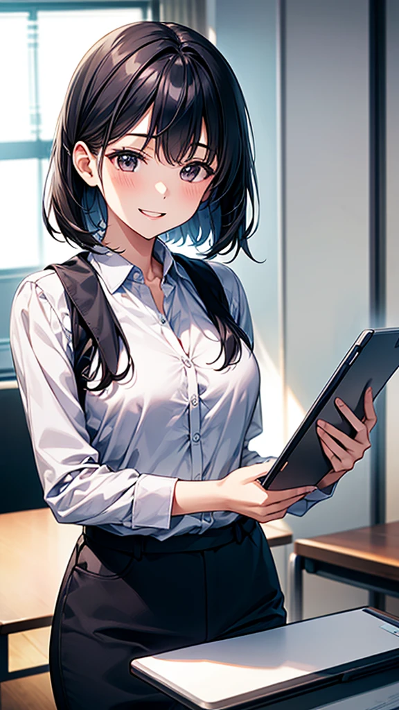 Professional photography, Soft lighting, 1. Young Japanese female entrepreneurs, Modern Office, Smart casual attire, A confident smile, Is giving a presentation, Holding a tablet, Sharp focus, A vibrant workplace, Professional atmosphere, Bright and positive expression