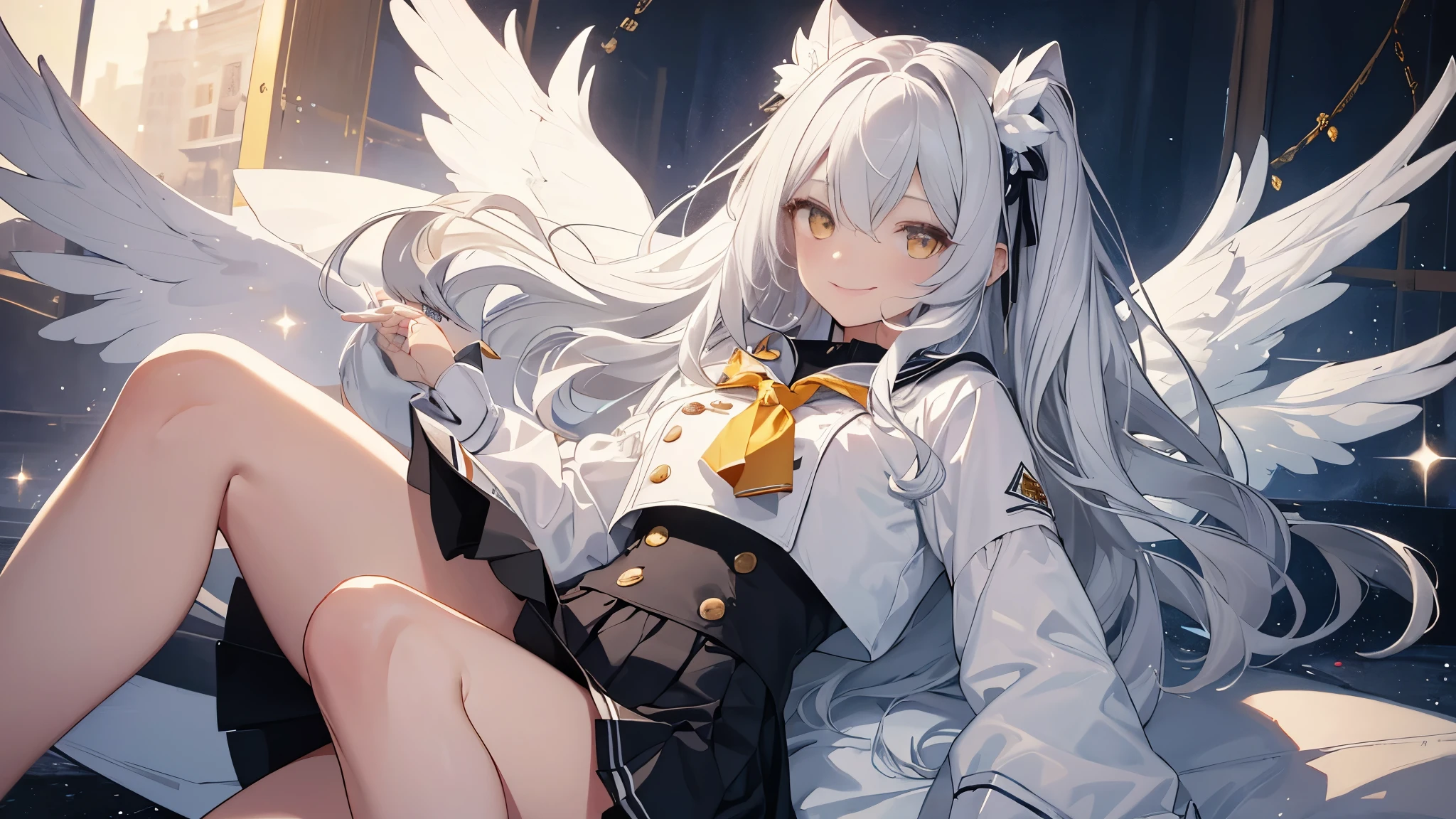 8k resolution, ((of the highest quality)), ((Masterpiece)), ((super detailed)), (very delicate and beautiful), with a girl, Alone, gentle expression, She is very(chill out)with(calm)Appearance,gray fur, Depth of written limits., bright smile, bright yellow eyes, bright white hair, beautiful background, Long Hair - Line Art, black skirt, White uniform like a sailor suit., angel, Angel's white wings, White feathers fluttering, Eyes that shine like amber, upper eye, wonderful eyes