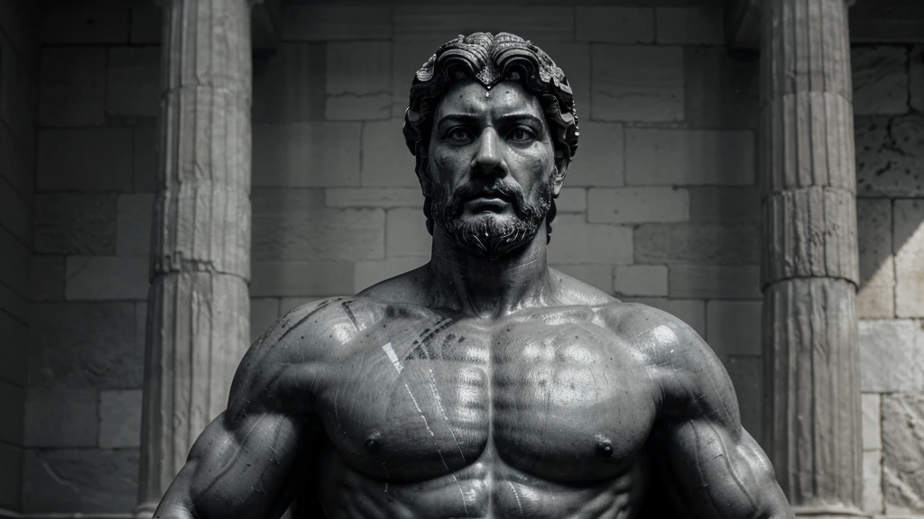a portrait statue of the stoic Marcus Aurelius in black and white 4K, Super realistic ANCIENT GREEK RUINS, fully body, corpo stark, brawny, stark, wearing no shirt, tronco stark, stark, wearing no shirt, strong arms, 8K, ultra realisitic, cinematographic
