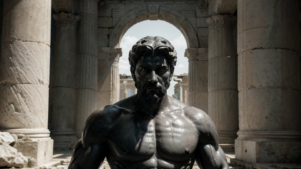 a portrait statue of the stoic Marcus Aurelius in black and white 4K, Super realistic ANCIENT GREEK RUINS, fully body, corpo stark, brawny, stark, wearing no shirt, tronco stark, stark, wearing no shirt, strong arms, 8K, ultra realisitic, cinematographic