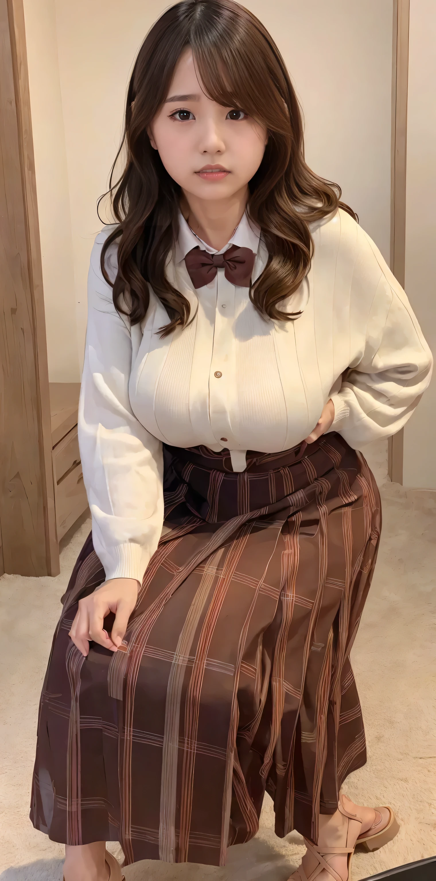 (Highest quality、Highest quality、Raw quality)、Japanese ID, Mature Woman, ((Chubby round face around 40 years old)), Wavy black hair with no bangs, Medium Long Hair, ponytail, Flashy makeup, Fuller lips, Sexy Gaze, uniform, ((dressing)), looking at the camera, Low angle shooting, Cute duck lips,((Very accurate and correct anatomy)),  (masterpiece:1.3), Perfect proportions, Realistic photos, Full Shot, whole body, (height: 148cm), High heels