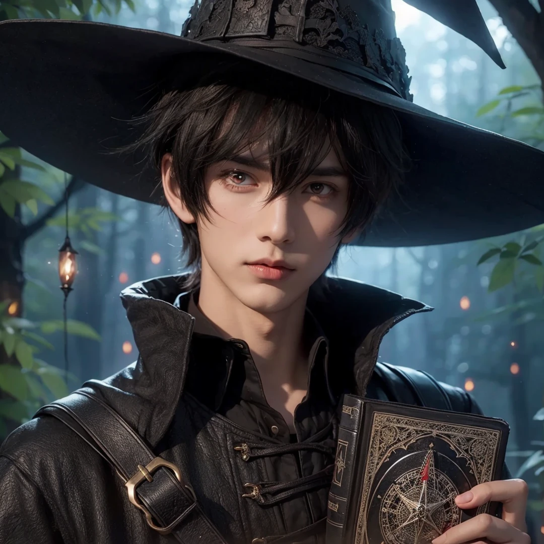 Handsome boy, black hair, red eyes, wearing black witch hat, wearing black witch clothes, holding a black magic book, magic forest background