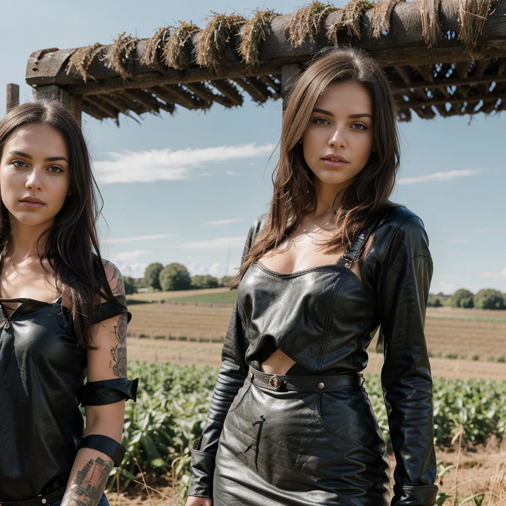 "A high-quality photo featuring four farmers dressed in Metallica-themed clothing, standing in a field. Each farmer should have a rugged, rock-and-roll appearance, with details like tattoos, leather gloves, and Metallica bandanas. Beside them, a stunning brunette woman poses confidently. She should be wearing a stylish yet casual outfit that complements the farmers, with her entire body visible in the shot. The background should be a vibrant, sunny field, adding contrast and depth to the scene."