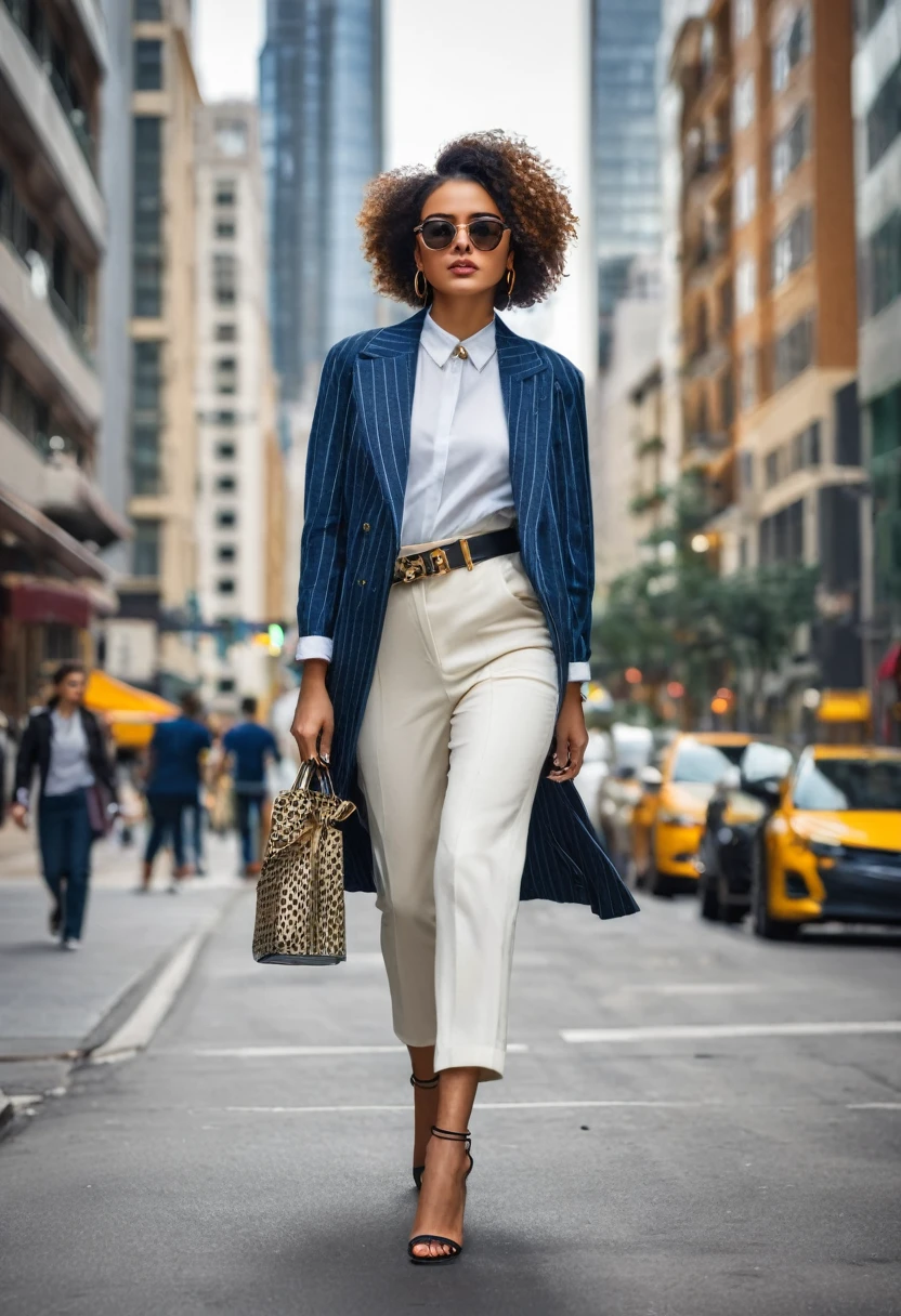 full length ،"A young woman with a modern street style is walking down a busy street. She is wearing a chic outfit complemented by modern accessories. The background includes street and modern buildings, showcasing the energy and charm of the city."