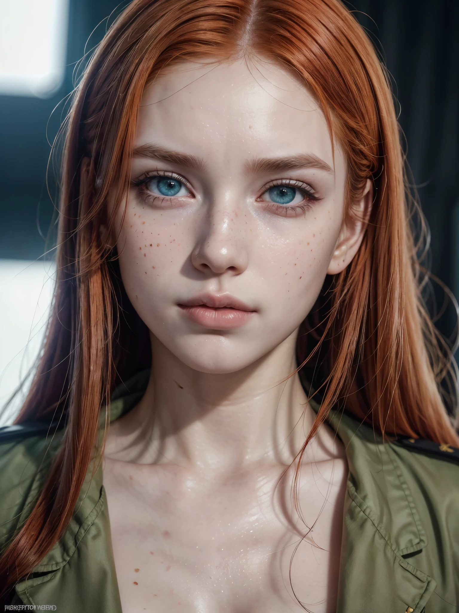 a red-haired girl with pale skin and freckles, long curly light orange hair, emerald green eyes with a sarcastic expression, muscular body wearing modern Brazilian military combat costumes, highly detailed and expressive face, (best quality,4k,8k,highres,masterpiece:1.2),ultra-detailed,(realistic,photorealistic,photo-realistic:1.37),portrait,concept art,dramatic lighting,vivid colors,intricate details,(beautiful detailed eyes,beautiful detailed lips,extremely detailed eyes and face,longeyelashes)