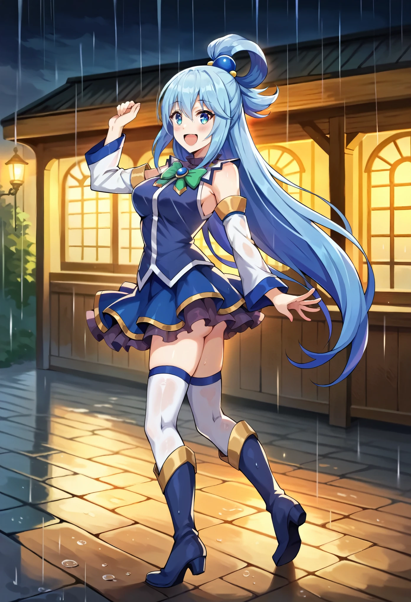core_9, score_8_up, score_7_up, score_6_up, BREAK source_anime,aqua /(konosuba/), long hair, blue eyes, hair ornament, very long hair, blue hair, hair rings, single hair ring, blue skirt, blue shirt, thighhighs, bare shoulders, detached sleeves, white thighhighs, green bow, blue boots BREAK 1girl, dancing in the rain, detailed eyes, happy, anime screencap, cowboy shot, on the outskirts of Axel, raining