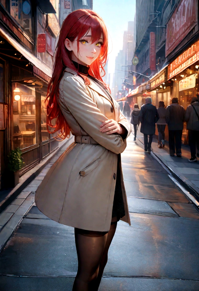 (masterpiece, photorealistic,best quality,beautiful detailed eyes,intricate details,from side,skindentation,pov),solo,1girl,,long hair,mature,(red and gold eyes,raised eyebrows,sad smile,),full body,standing,hair between eyes,red hair, grandes peitos, (blue sky ,light atmosphere),(small breasts,white trench coat,turtleneck sweater,pantyhose,high black heel),walking street,arms folded,new york