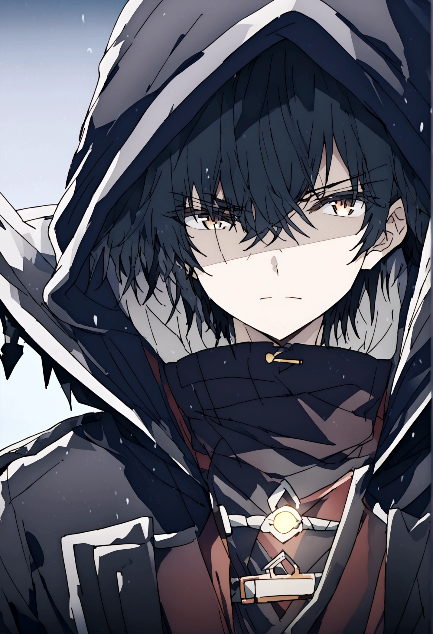 Anime male, black hair, black clothing, tired face expression, best quality, wise, cold-hearted, cool, solo, black fluffy hood on, black cloak, black bandages over his right eye, left eye color is white and is glowing, determined eyes,