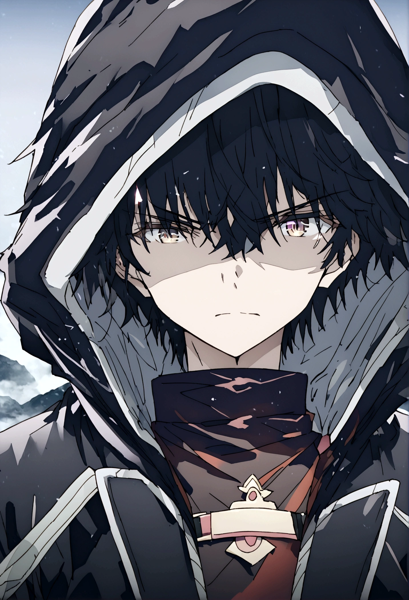 Anime male, black hair, black clothing, tired face expression, best quality, wise, cold-hearted, cool, solo, black fluffy hood on, black cloak, black bandages over his right eye, left eye color is white and is glowing, determined eyes,