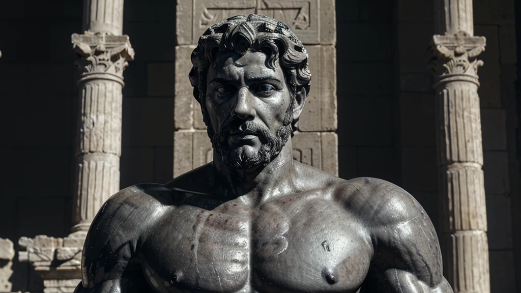 a portrait statue of the stoic Marcus Aurelius in black and white 4K, Super realistic ANCIENT GREEK RUINS, fully body, corpo stark, brawny, stark, wearing no shirt, tronco stark, stark, wearing no shirt, strong arms, 8K, ultra realisitic, cinematographic