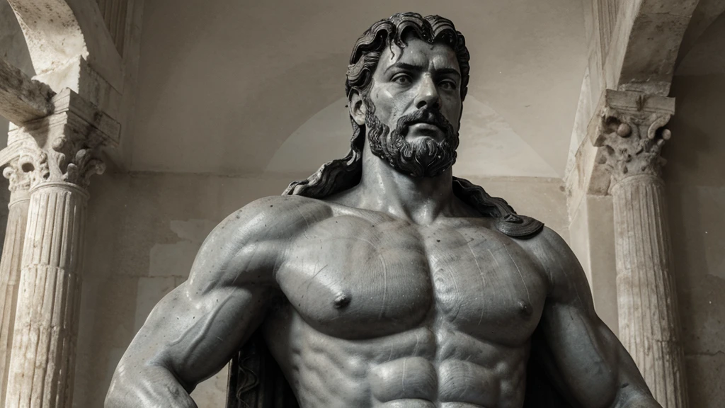 a portrait statue of the stoic Marcus Aurelius in black and white 4K, Super realistic ANCIENT GREEK RUINS, fully body, corpo stark, brawny, stark, wearing no shirt, tronco stark, stark, wearing no shirt, strong arms, 8K, ultra realisitic, cinematographic