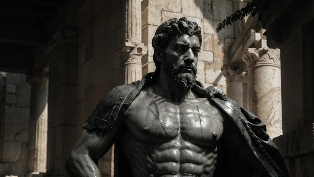 a portrait statue of the stoic Marcus Aurelius in black and white 4K, Super realistic ANCIENT GREEK RUINS, fully body, corpo stark, brawny, stark, wearing no shirt, tronco stark, stark, wearing no shirt, strong arms, 8K, ultra realisitic, cinematographic
