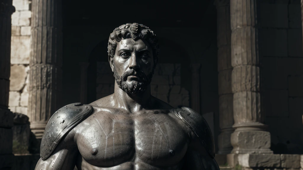 a portrait statue of the stoic Marcus Aurelius in black and white 4K, Super realistic ANCIENT GREEK RUINS, fully body, corpo stark, brawny, stark, wearing no shirt, tronco stark, stark, wearing no shirt, strong arms, 8K, ultra realisitic, cinematographic